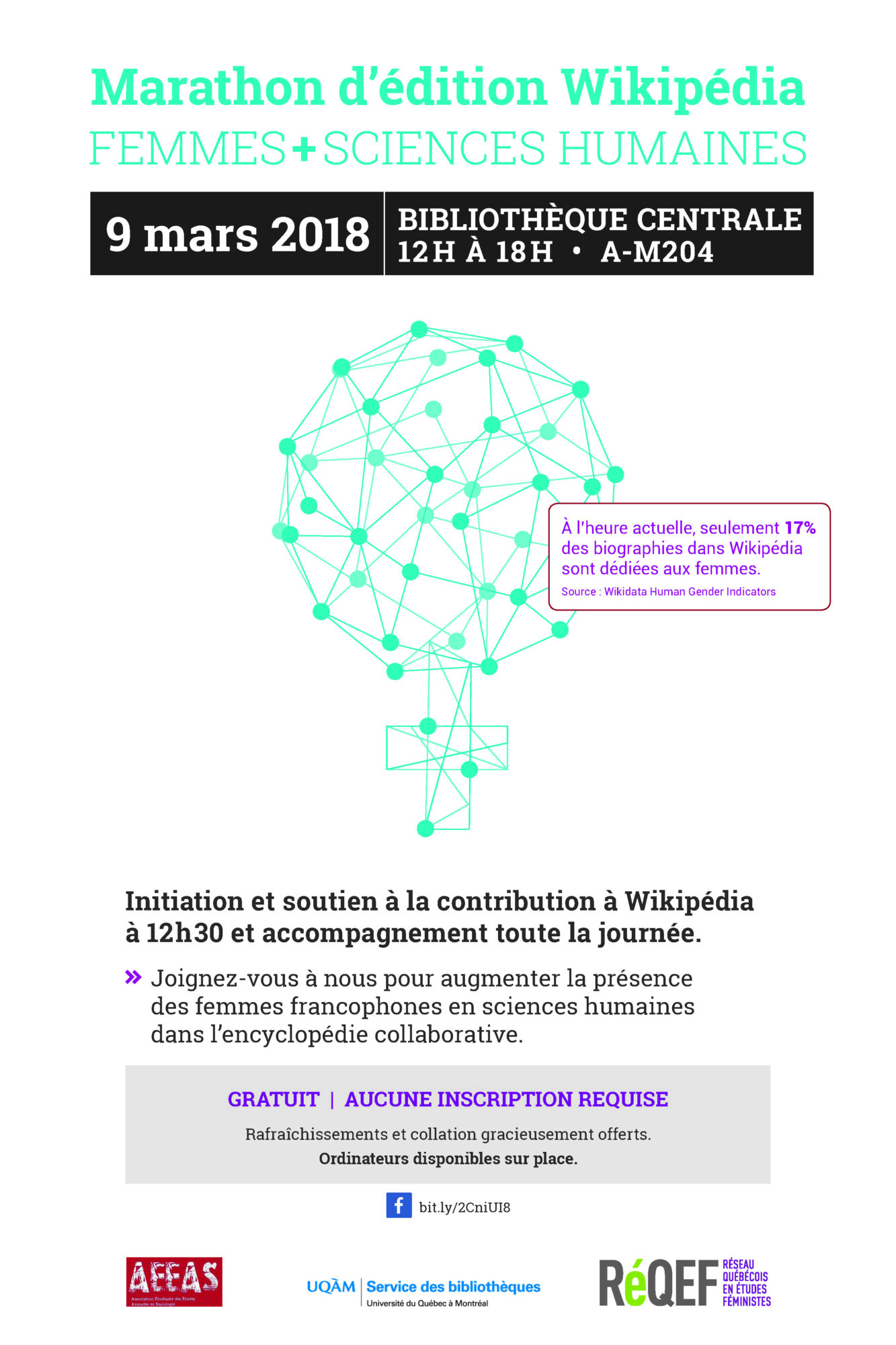 Affiche : Marathon d'édition Wikipédia Femmes + sciences humaines, 9 mars 2018, 12 h à 18 h, Bibliothèque centrale de l'UQAM (A-M204), gratuit et sans inscription