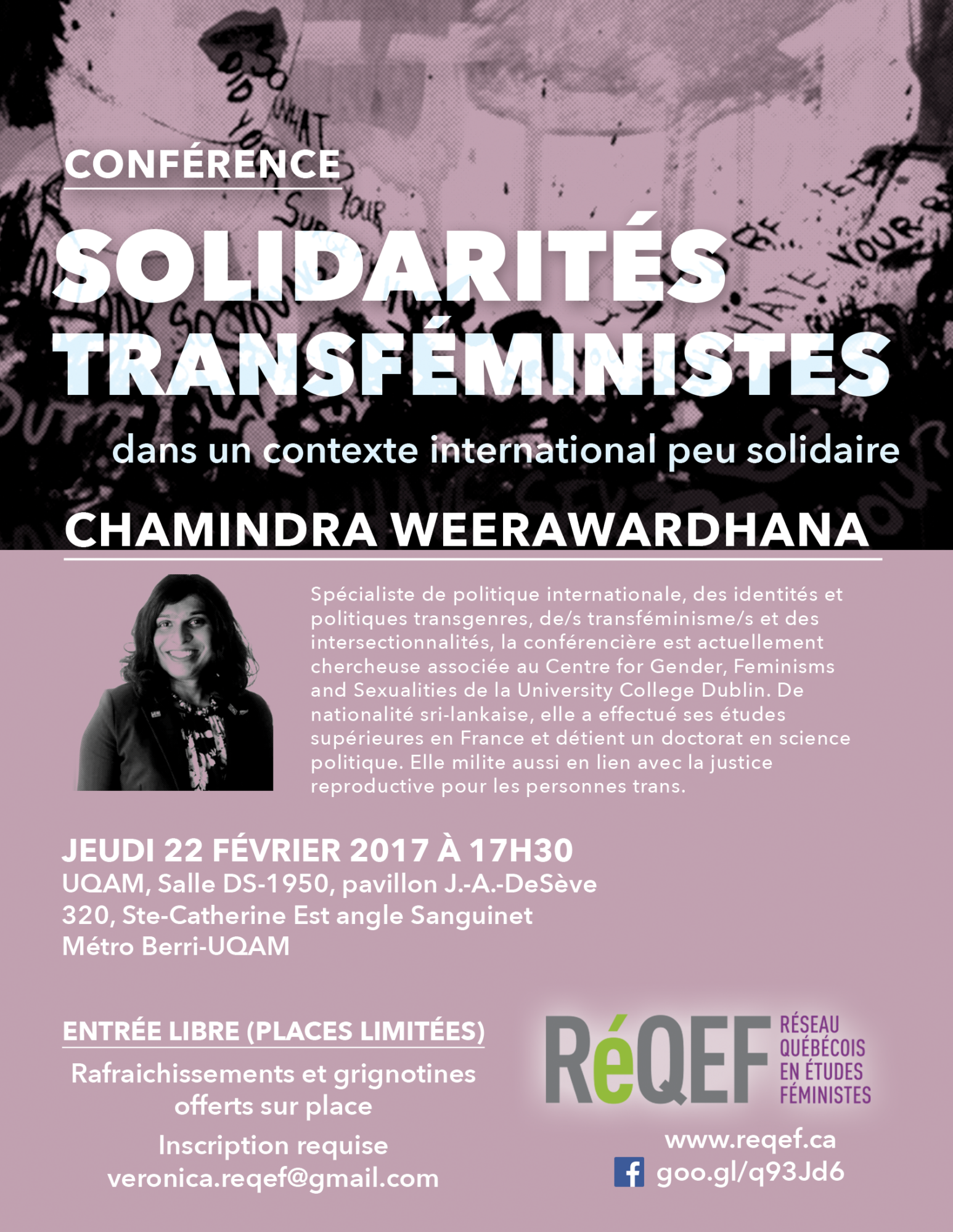 Affiche : conférence Solidarités transféministes dans un contexte international peu solidaire, avec Chamindra Weerawardhana, 22 février 2017, 17 h 30, UQAM