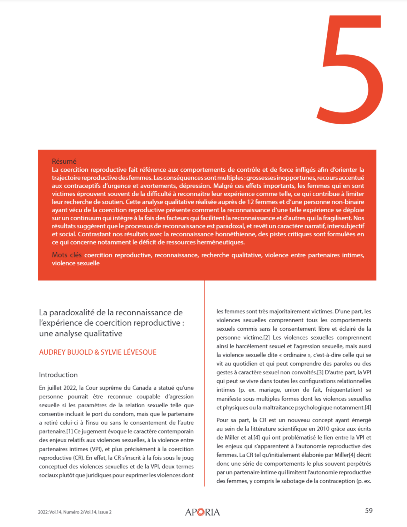 Première page de l'article La paradoxalité de la reconnaissance de l'expérience de coercition reproductive, d'Audrey Bujold et Sylvie Lévesque, revue Aporia, vol. 14, no 2, 2022