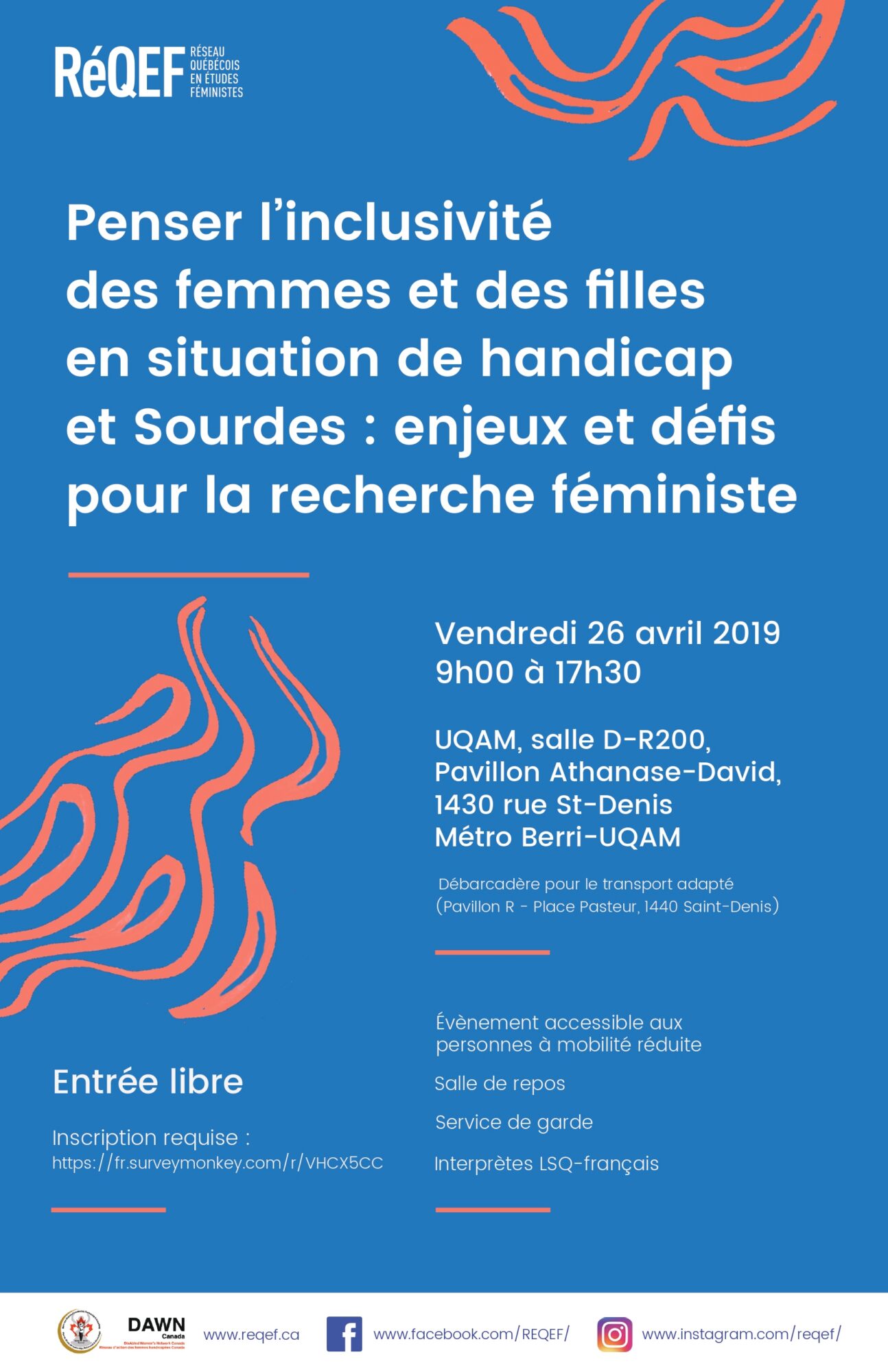 Affiche du colloque Penser l'inclusivité des femmes et des filles en situation de handicap et Sourdes, 26 avril 2019, 9 h à 17 h 30, UQAM, entrée libre
