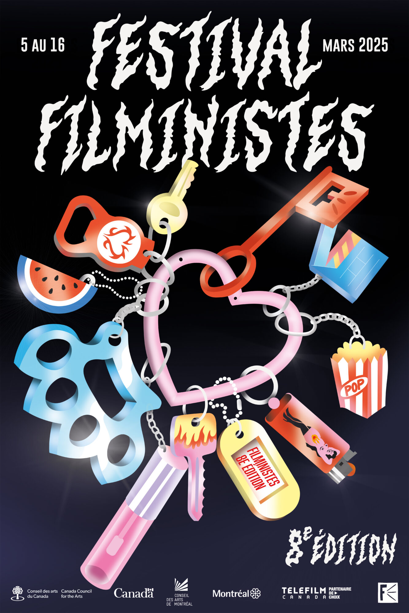 Affiche du Festival Filministes, 8e édition, 5 au 16 mars 2025, trousseau de clés et porte-clés illustrés autour d'un cœur