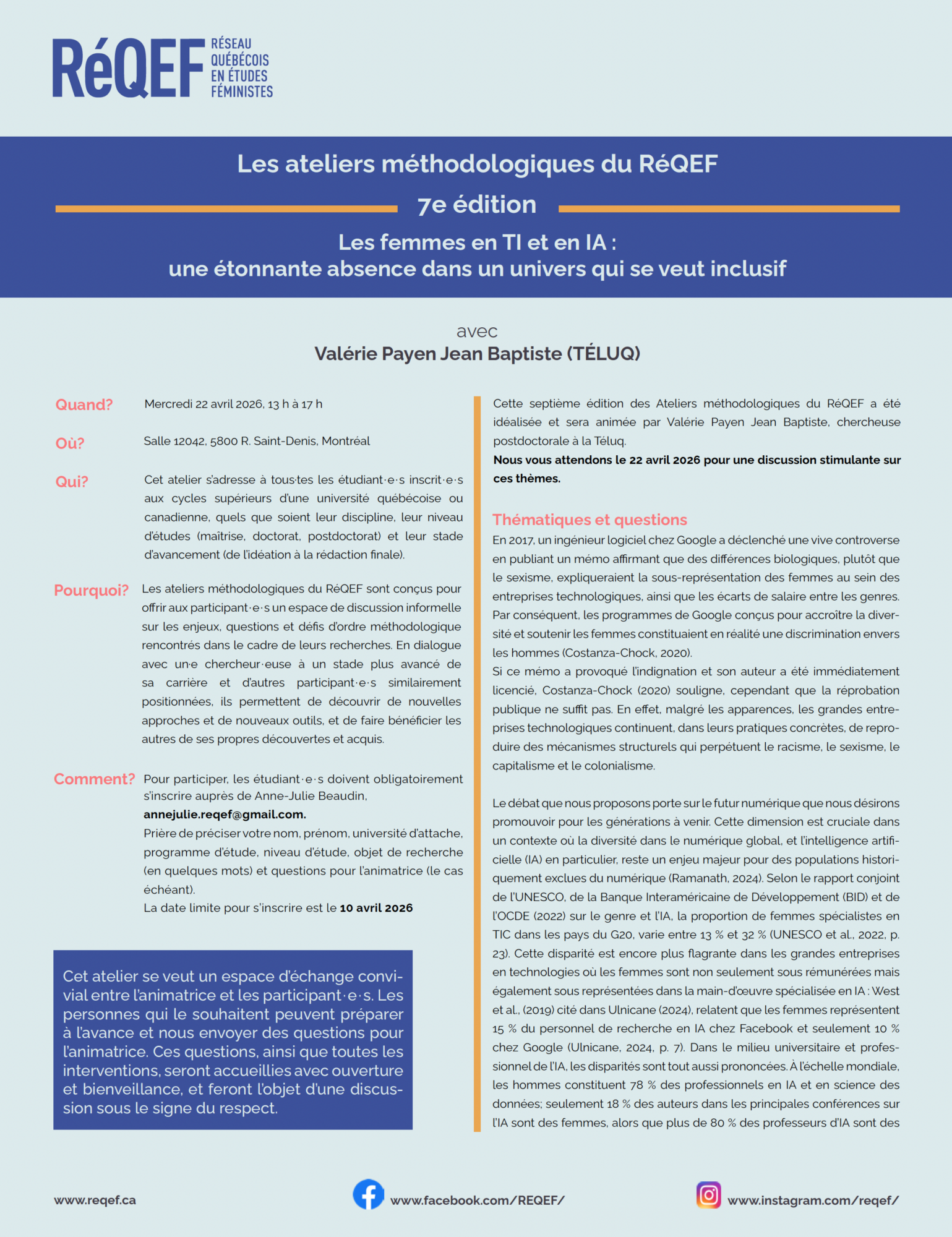 Invitation : Ateliers méthodologiques du RéQEF, 7e édition, Les femmes en TI et en IA, avec Valérie Payen Jean Baptiste (TÉLUQ), 22 avril 2026, Montréal