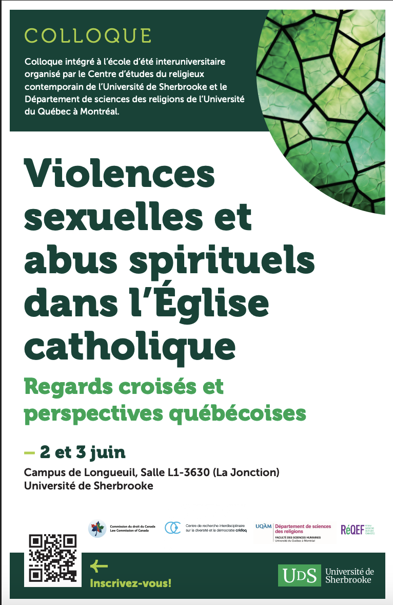 Affiche du colloque Violences sexuelles et abus spirituels dans l'Église catholique : regards croisés et perspectives québécoises, 2 et 3 juin, campus de Longueuil, Université de Sherbrooke