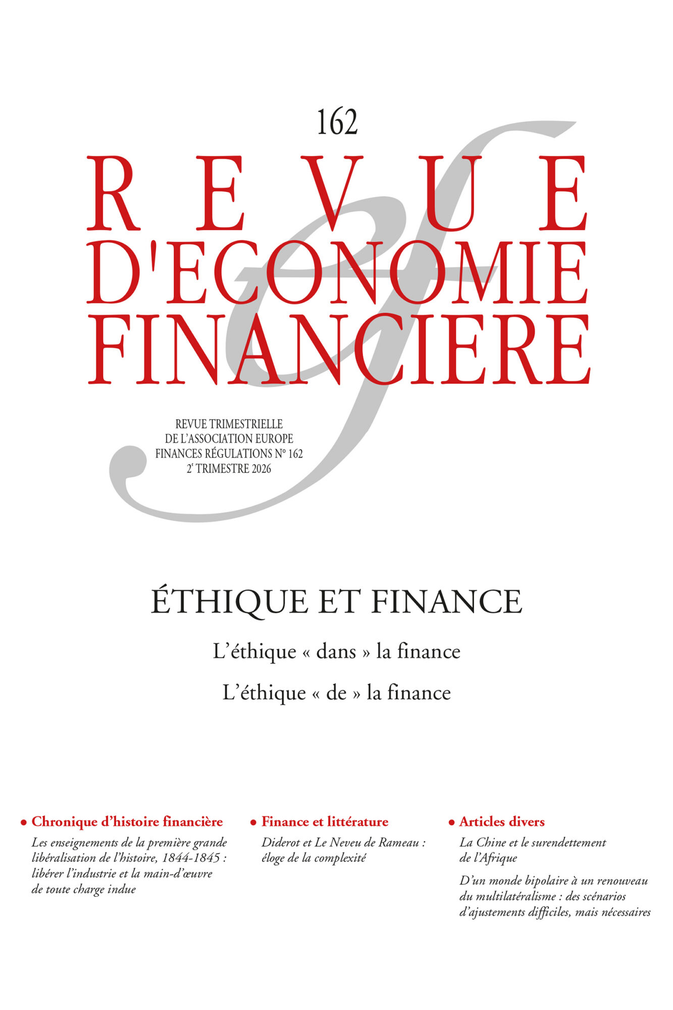 Couverture de la Revue d'économie financière, no 162, 2e trimestre 2026 : Éthique et finance