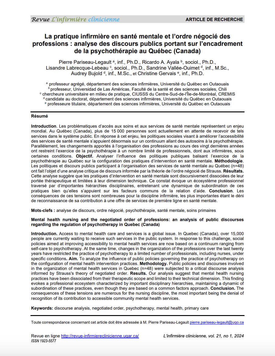 Première page de l'article La pratique infirmière en santé mentale et l'ordre négocié des professions, revue L'infirmière clinicienne, vol. 21, no 1, 2024
