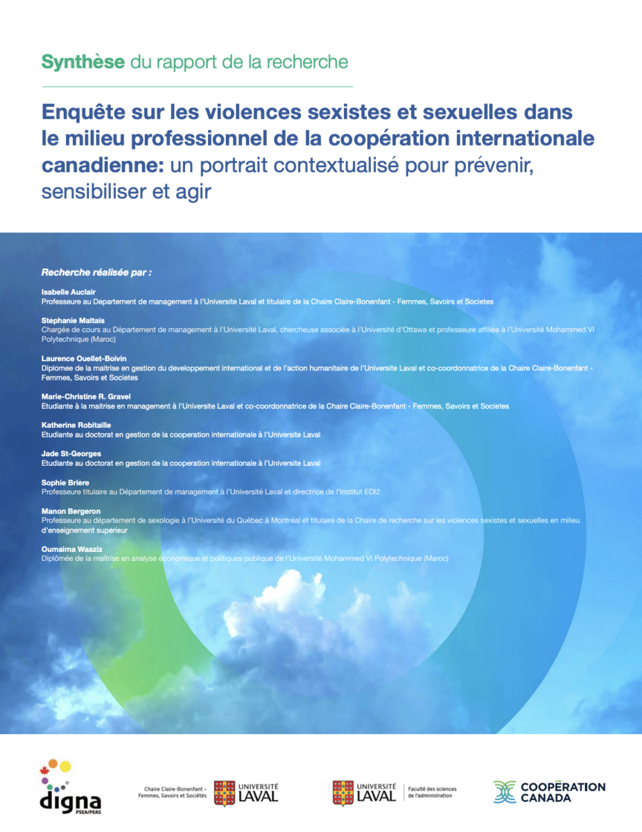 Couverture de la synthèse du rapport Enquête sur les violences sexistes et sexuelles dans le milieu professionnel de la coopération internationale canadienne