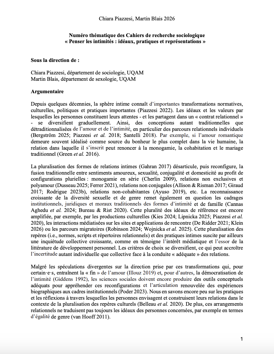 Première page de l'argumentaire du numéro thématique des Cahiers de recherche sociologique « Penser les intimités », sous la direction de Chiara Piazzesi et Martin Blais