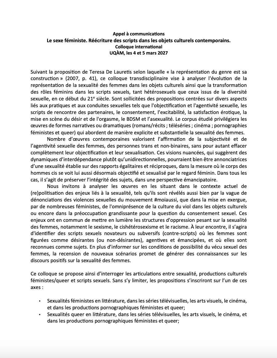 Appel à communications : colloque international Le sexe féministe. Réécriture des scripts dans les objets culturels contemporains, UQÀM, 4 et 5 mars 2027