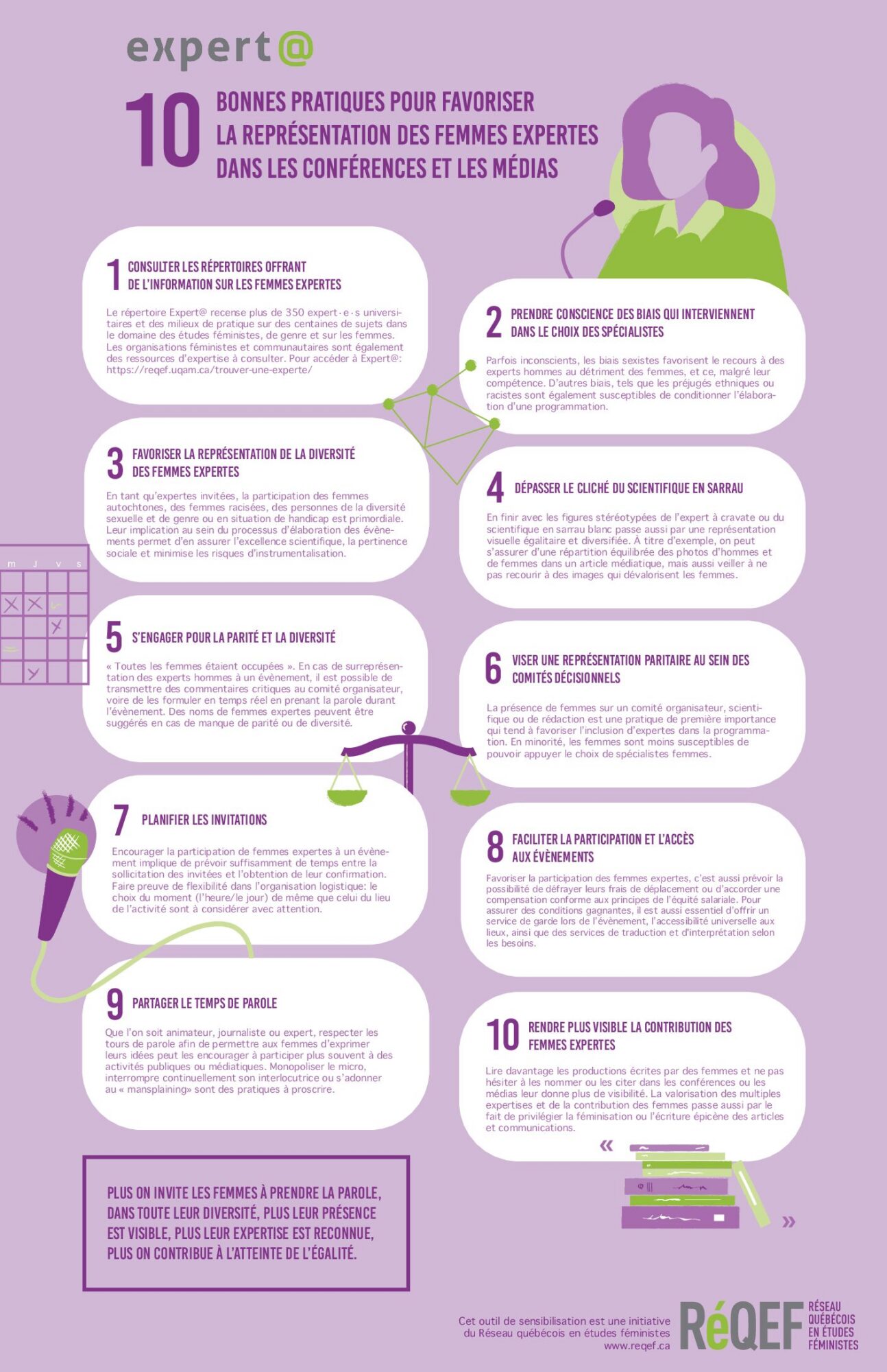 Infographie Expert@ du RéQEF : 10 bonnes pratiques pour favoriser la représentation des femmes expertes dans les conférences et les médias